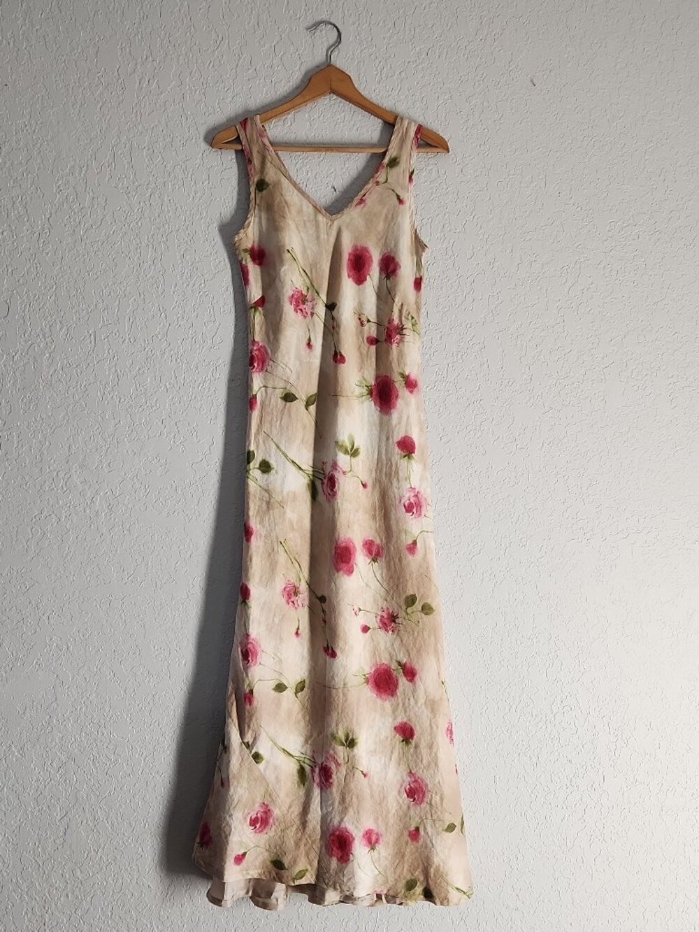 Charles Gray London vintage 100% linen maxi dress floral rose print lined sz 8